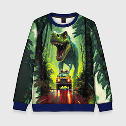 Свитшот детский Динозавр в погоне за машиной в джунглях, цвет: 3D-синий