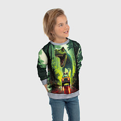 Свитшот детский Динозавр в погоне за машиной в джунглях, цвет: 3D-меланж — фото 2