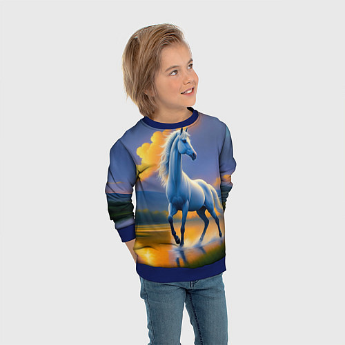 Детский свитшот Белая лошадь на рассвете / 3D-Синий – фото 3