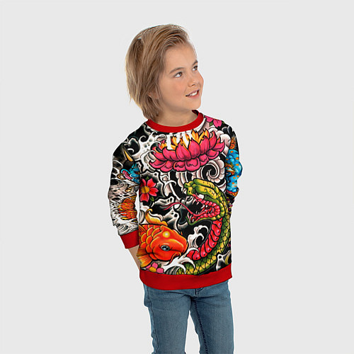 Детский свитшот Иредзуми: цветущий лотос / 3D-Красный – фото 3