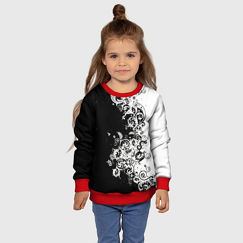 Детский свитшот Черно-белые цветы и колибри / 3D-Красный – фото 4