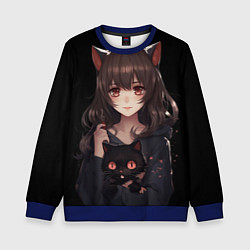 Свитшот детский Девушка с черной кошкой, цвет: 3D-синий
