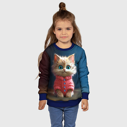 Детский свитшот Котик в розовом свитере / 3D-Синий – фото 4