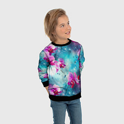 Свитшот детский Розовые орхидеи на бирюзовом - паттерн акварель, цвет: 3D-черный — фото 2