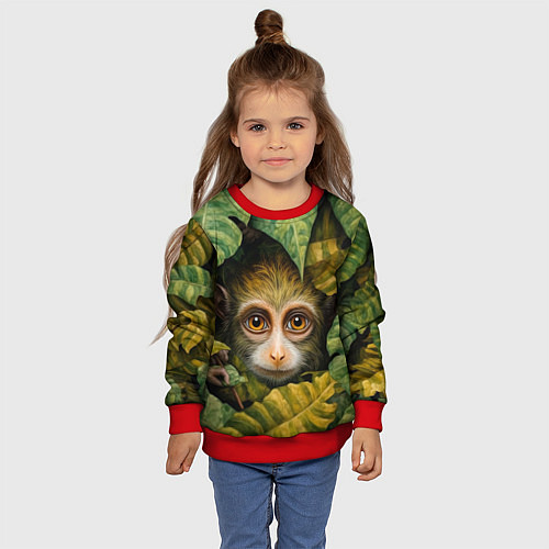 Детский свитшот Маленькая обезьянка в листьях / 3D-Красный – фото 4