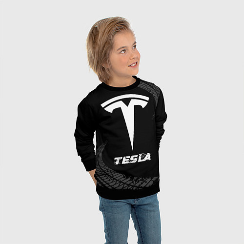 Детский свитшот Tesla speed на темном фоне со следами шин / 3D-Черный – фото 3