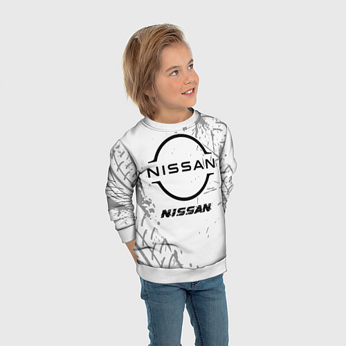 Детский свитшот Nissan speed на светлом фоне со следами шин / 3D-Белый – фото 3