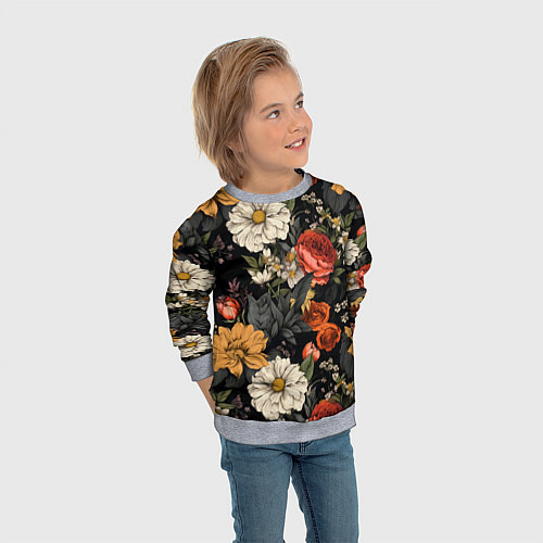 Детский свитшот Цветочный паттерн на черном / 3D-Меланж – фото 3