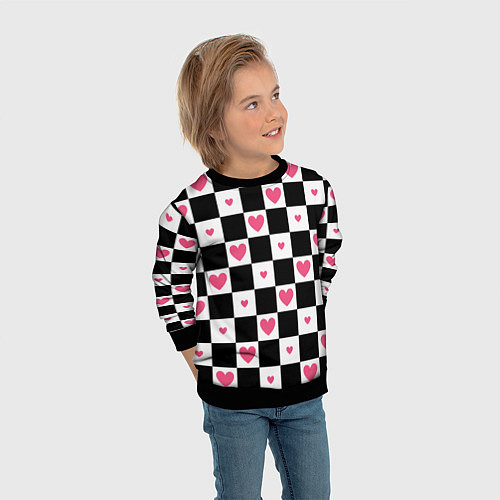 Детский свитшот Розовые сердечки на фоне шахматной черно-белой дос / 3D-Черный – фото 3