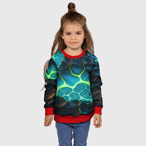 Детский свитшот Разлом синих и зеленых неоновых плит / 3D-Красный – фото 4