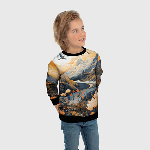 Детский свитшот Солнечное утро в цветущих горах / 3D-Черный – фото 3