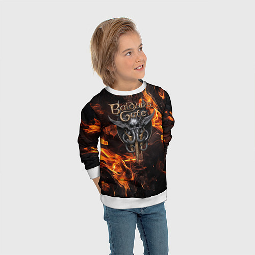 Детский свитшот Baldurs Gate 3 fire logo / 3D-Белый – фото 3