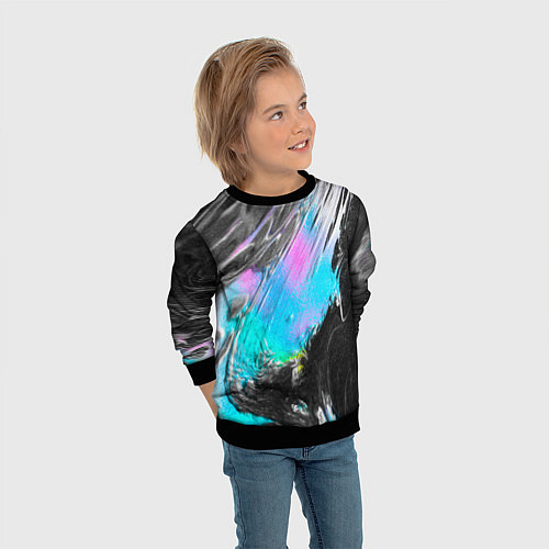 Детский свитшот Акварельные чёрные голубые розовые разводы / 3D-Черный – фото 3