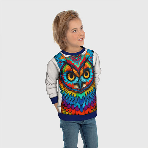 Детский свитшот Сова желтоглазая с разноцветными перьями / 3D-Синий – фото 3