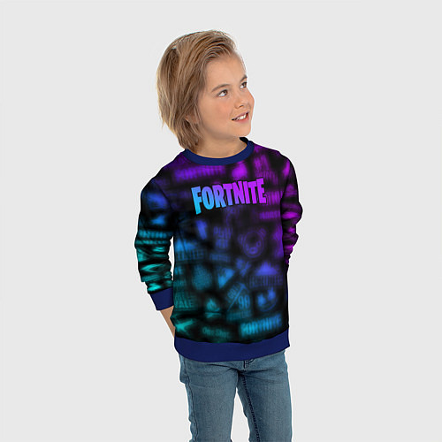 Детский свитшот Неоновые логотипы Fortnite / 3D-Синий – фото 3