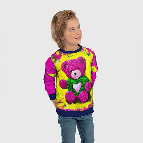 Детский свитшот Розовый мишка в вязаном свитере / 3D-Синий – фото 3