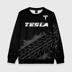 Свитшот детский Tesla speed на темном фоне со следами шин посереди, цвет: 3D-черный