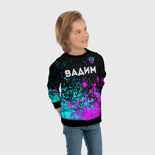 Детский свитшот Вадим и неоновый герб России посередине / 3D-Черный – фото 3