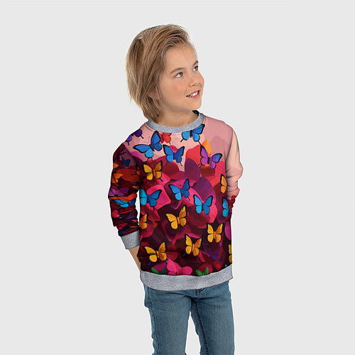 Детский свитшот Разноцветные бабочки - розовые цветы / 3D-Меланж – фото 3