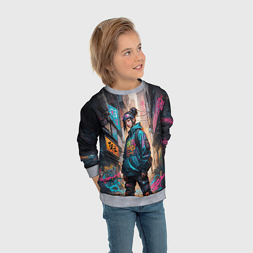 Детский свитшот Японская девушка в худи / 3D-Меланж – фото 3