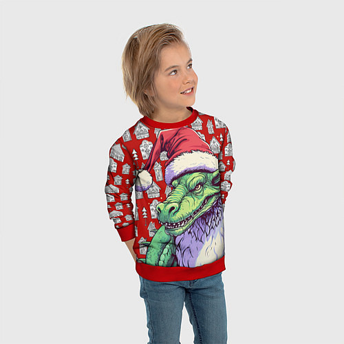 Детский свитшот Большой зеленый новогодний дракон / 3D-Красный – фото 3