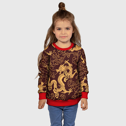 Детский свитшот Черно-золотая гравюра дракона / 3D-Красный – фото 4