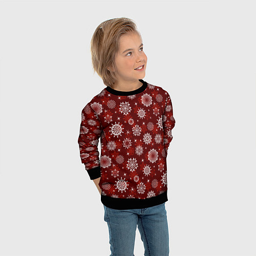 Детский свитшот Snowflakes on a red background / 3D-Черный – фото 3