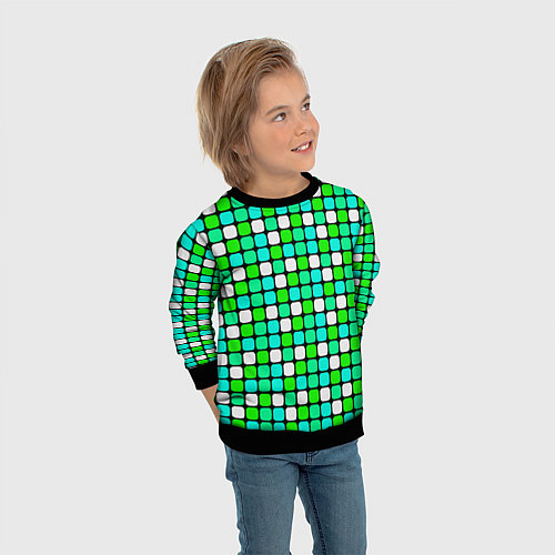 Детский свитшот Зелёные и белые квадраты / 3D-Черный – фото 3