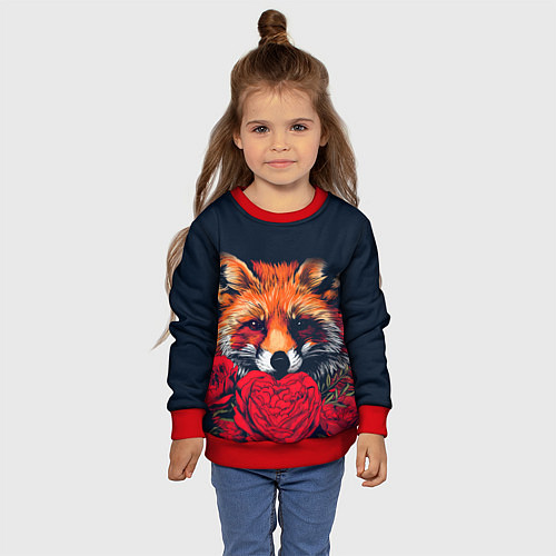 Детский свитшот Лисица с цветами и сердечками / 3D-Красный – фото 4