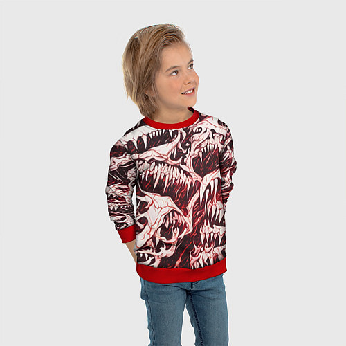 Детский свитшот Белые клыки на красном фоне / 3D-Красный – фото 3