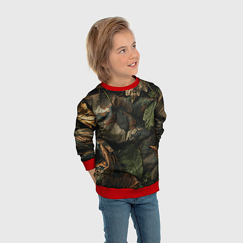 Детский свитшот Реалистичный охотничий камуфляж из ткани и листьев / 3D-Красный – фото 3
