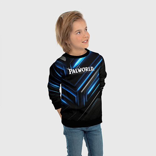 Детский свитшот Palworld logo black blue neon abstract / 3D-Черный – фото 3