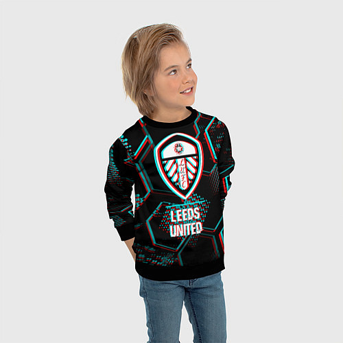 Детский свитшот Leeds United FC в стиле glitch на темном фоне / 3D-Черный – фото 3