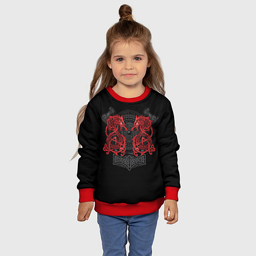 Детский свитшот Кельтский узор с волком и топорами / 3D-Красный – фото 4