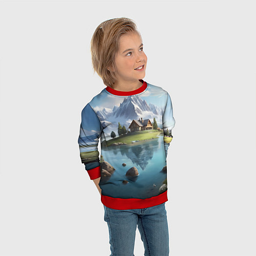 Детский свитшот Чудесный день на берегу озера в горах / 3D-Красный – фото 3
