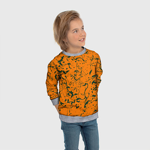 Детский свитшот Оранжевый с брызгами зеленой краски / 3D-Меланж – фото 3