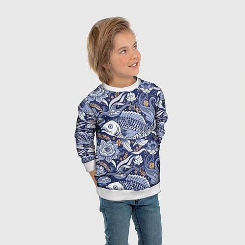 Детский свитшот Рыба карп - синий корейский узор / 3D-Белый – фото 3