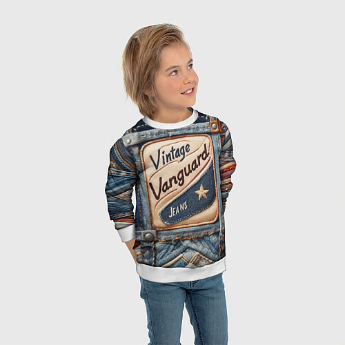 Детский свитшот Vintage vanguard jeans - patchwork / 3D-Белый – фото 3
