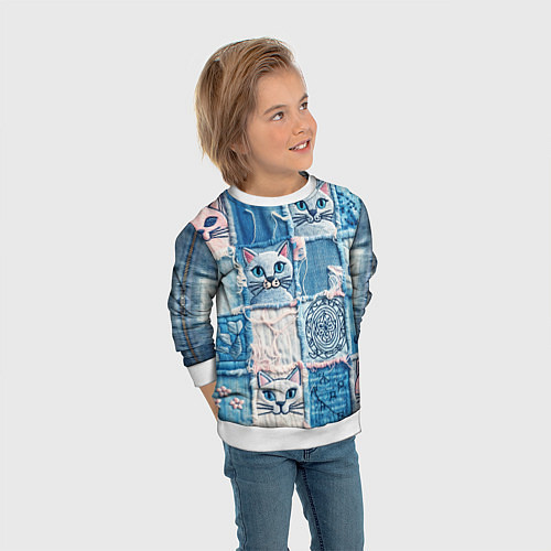 Детский свитшот Кошки на пэчворк джинсах паттерн / 3D-Белый – фото 3