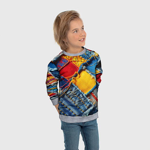 Детский свитшот Colorful denim patchwork - ai art / 3D-Меланж – фото 3