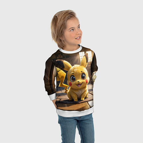 Детский свитшот Пикачу сидит в комнате / 3D-Белый – фото 3