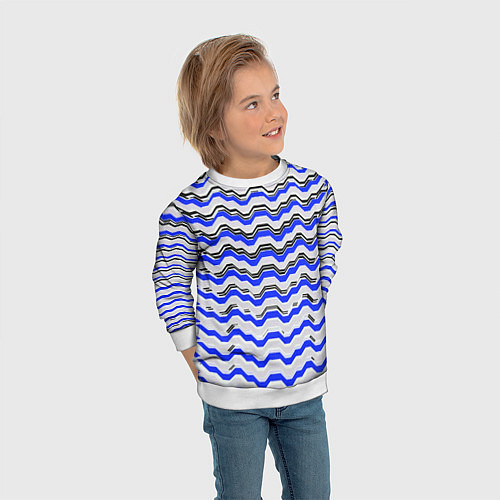 Детский свитшот Black and blue stripes on a white background / 3D-Белый – фото 3