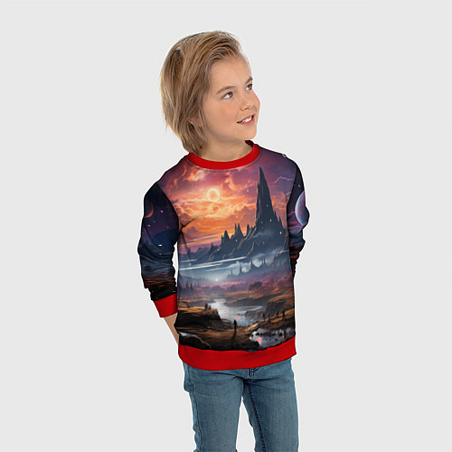 Детский свитшот Космический фантазийный мир на другой планете / 3D-Красный – фото 3