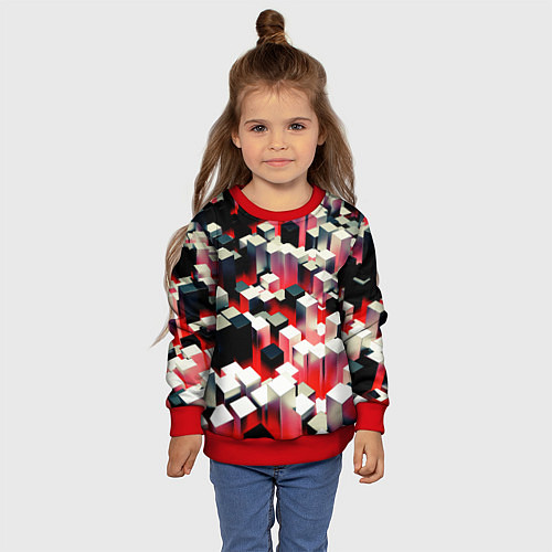Детский свитшот Черно-белые блоки в красном тумане / 3D-Красный – фото 4