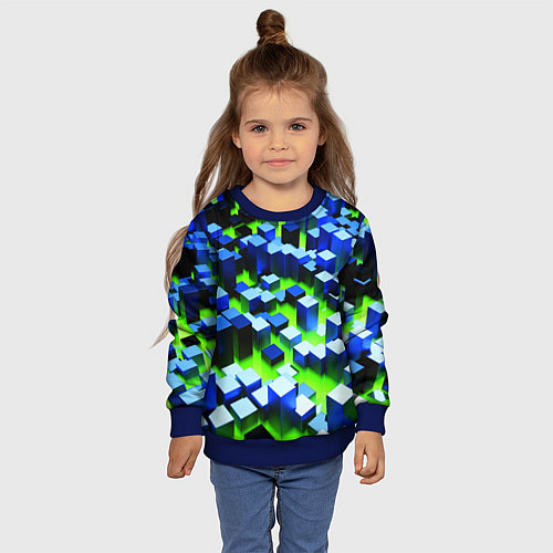 Детский свитшот Синие блоки в зеленом тумане / 3D-Синий – фото 4