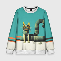 Свитшот детский Механический зеленый кот, цвет: 3D-белый