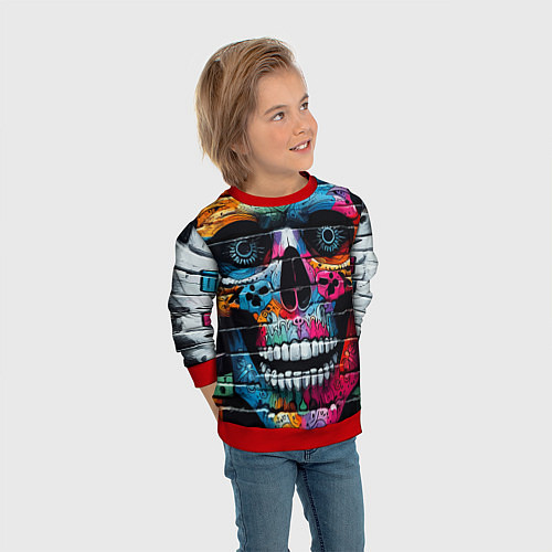 Детский свитшот Crazy color skull - graffiti / 3D-Красный – фото 3