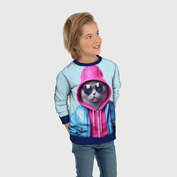 Свитшот детский Кот в капюшоне и очках, цвет: 3D-синий — фото 2