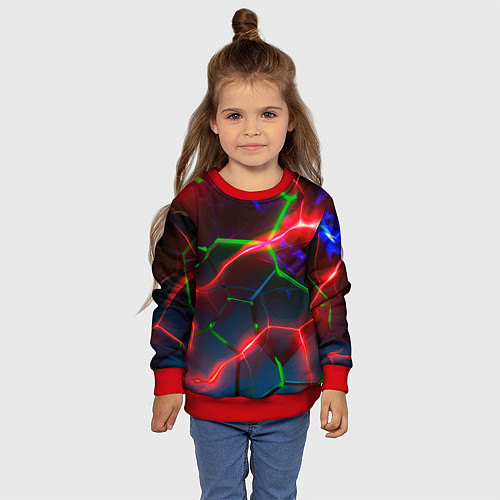 Детский свитшот Неоновые яркие зеленые плиты с красным светом / 3D-Красный – фото 4