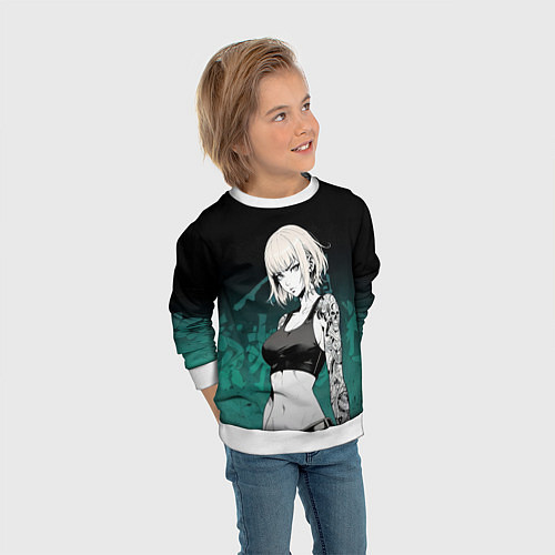 Детский свитшот Девушка с татуировками на изумрудном фоне / 3D-Белый – фото 3